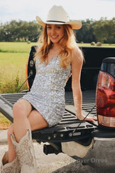 Sparkly Silver Backless V-Neck Sequins Tight Homecoming Dress